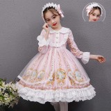 Kids Girl Lolita Pink Long Sleeve Lace Princess Dress Cosplay Costumes with Headdress