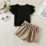 Toddler Kids Girl Two Pieces Lace Sleeve and Shorts with Belt Set