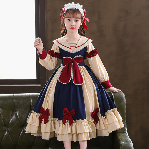 Kids Girl Lolita Navy Long Sleeve Bow Tie Princess Cosplay Costumes Maxi Dress