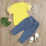 Toddler Kids Girl Two Pieces Lace Short Sleeve Top and Denim Pants Set