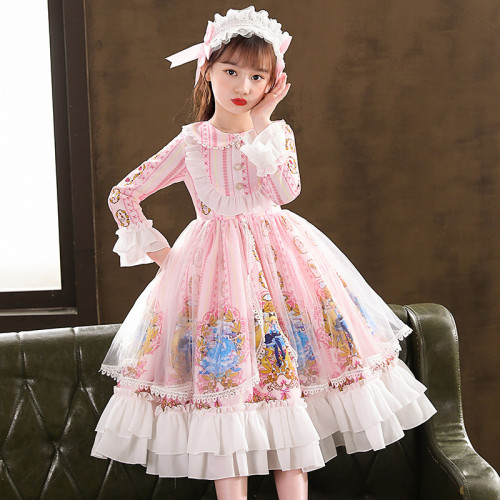 Kids Girl Lolita Pink Short Sleeve Bow Tie Lace Princess Dress Cosplay Costumes