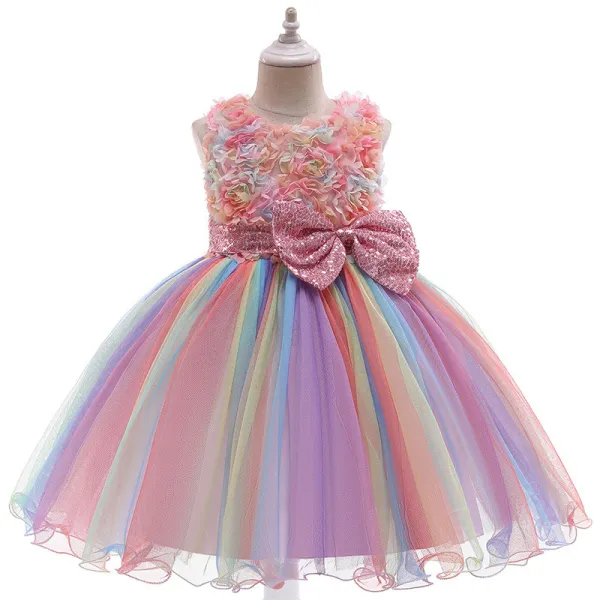 Toddler Kids Girl Sleeveless Bow Tie Belt Rainbow Mesh Wedding Gowns Dress