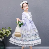 Kids Girl Lolita Purple Short Sleeve Bow Tie Lace Mesh Princess Dress Cosplay Costumes