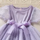 Toddler Kids Girl Short Puff Sleeve Splicing Mesh Dress
