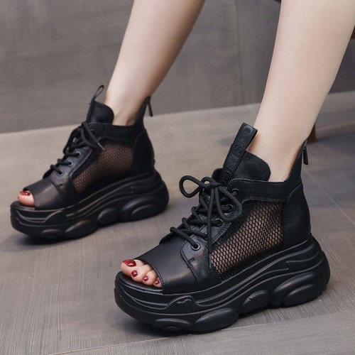 Women Open Toe Fish Mouth Hollow Out Lace Up Platform Sandals