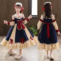 Kids Girl Lolita Navy Long Sleeve Bow Tie Princess Cosplay Costumes Maxi Dress