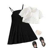 Toddler Kids Girl Two Pieces White Coat and Sling Sleeve Dress Set