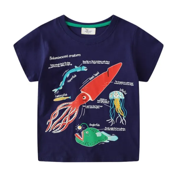 Toddler Boy Blue Cartoon Marine Animal Pattern Short Sleeve T-shirt