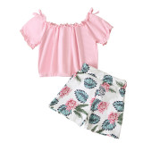 Toddler Kids Girl Two Pieces Pink Shorts Sleeve Tops and Floral Printed Skirt Set