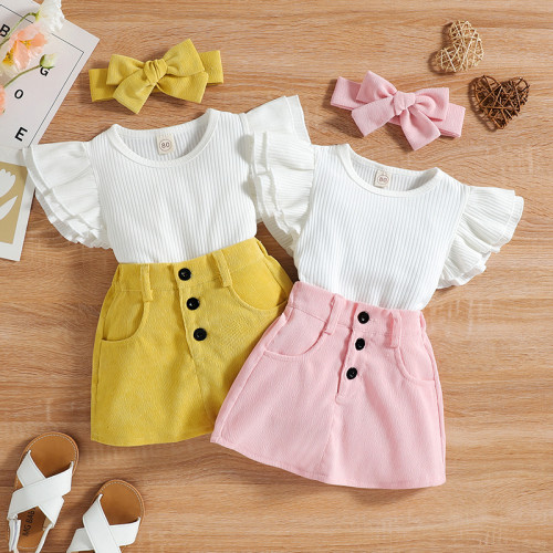 Toddler Kids Girl Two Pieces Flying Sleeve Kintting Top and Skirt Set