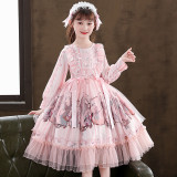 Kids Girl Lolita Pink Long Sleeve Bow Tie Princess A-Line Lace Dress Cosplay Costumes
