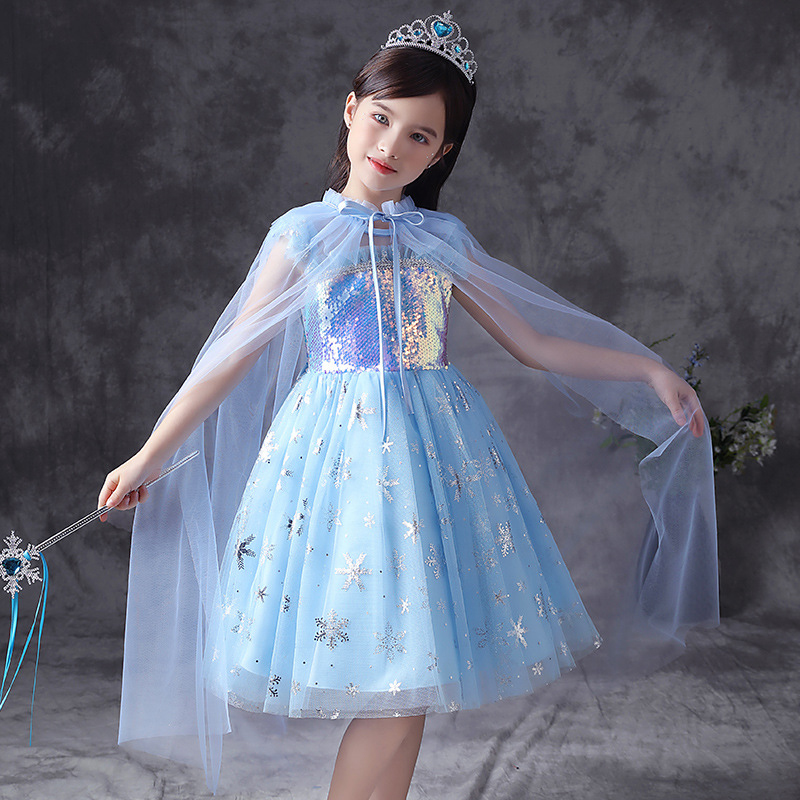 Toddler Kids Girl Flying Sleeve Sequin Short Princess Dress with Mesh Cloak