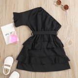 Toddler Kids Girl One-Shoulder Lonf Sleeve ow Tie Belt Lace Casual Dress