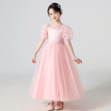 Toddler Kids Girl Puff Sleeve Embroidery Mesh Tutu Maxi Gowns Dress