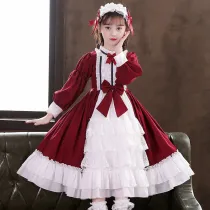 Kids Girl Lolita Long Sleeve Lace Bow Tie Princess Tutu Dress Cosplay Costumes with Headdress