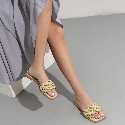 Women Square Toe Weave Strap Flat Sandal Slipper