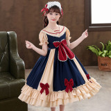 Kids Girl Lolita Navy Long Sleeve Bow Tie Princess Cosplay Costumes Maxi Dress