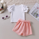 Toddler Kids Girl Two Pieces Lace Sleeve and Shorts with Belt Set