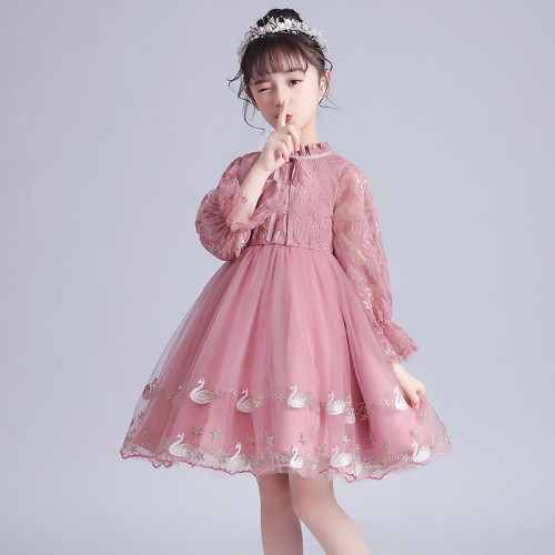 Toddler Kids Girl Long Sleeve Mock-Neck Lace Mesh Short Tutu Dress