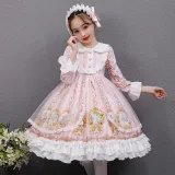Kids Girl Lolita Pink Long Sleeve Lace Princess Dress Cosplay Costumes with Headdress