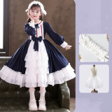 Kids Girl Lolita Long Sleeve Lace Bow Tie Princess Tutu Dress Cosplay Costumes with Headdress