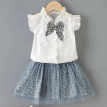 Toddler Kids Girl Two Pieces Lace Flying Sleeve Bow Tie Top and Mesh Skirt Set