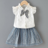 Toddler Kids Girl Two Pieces Lace Flying Sleeve Bow Tie Top and Mesh Skirt Set