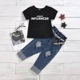 Toddler Kids Girl Two Pieces Black Short Sleeve Top and Denim Pants Set