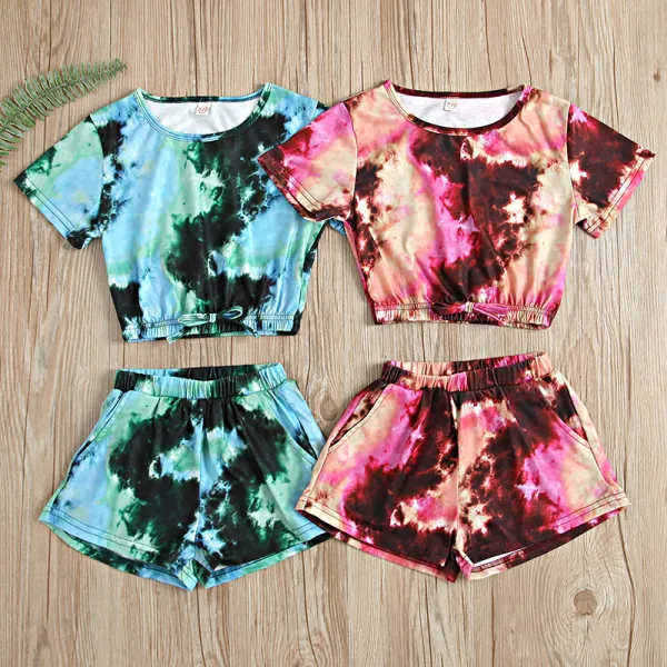 Toddler Kids Girl Two Pieces Tie Dye Short Sleeve Tops and Shorts Set
