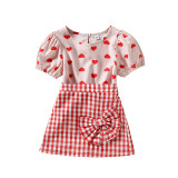 Toddler Kids Girl Two Pieces Heart Print Top and Red Lattice Skirt Set