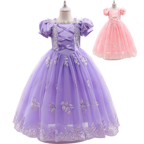 Toddler Kids Girl Puff Sleeve Cross Tie Mesh Princess  Dress Maxi Dress
