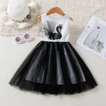 Toddler Kids Girl Swan Print Splicing Mesh Sleeveless Dress