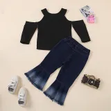 Toddler Kids Girl Two Pieces Cold-Shoulder Top and Denim Flares Set