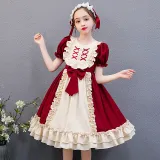 Kids Girl Lolita Wine Red Short Sleeve Bow Tie Lace Princess Dress Cosplay Costumes