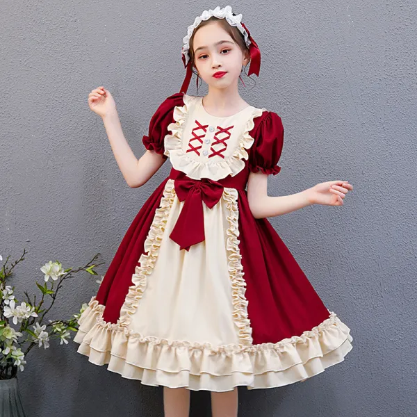 Kids Girl Lolita Wine Red Short Sleeve Bow Tie Lace Princess Dress Cosplay Costumes