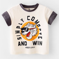 Toddler Boy Beige Cartoon Leopard Animals Short Sleeve T-shirt