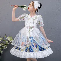 Kids Girl Lolita White Short Sleeve Bow Tie Lace Mesh Princess Dress Cosplay Costumes