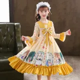 Kids Girl Lolita Purple Long Sleeve Bow Tie Cartoon Princess Dress Cosplay Costumes