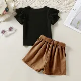 Toddler Kids Girl Two Pieces Lace Sleeve and Shorts with Belt Set