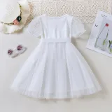 Toddler Kids Girl Short Puff Sleeve Splicing Mesh Dress