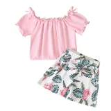 Toddler Kids Girl Two Pieces Pink Shorts Sleeve Tops and Floral Printed Skirt Set