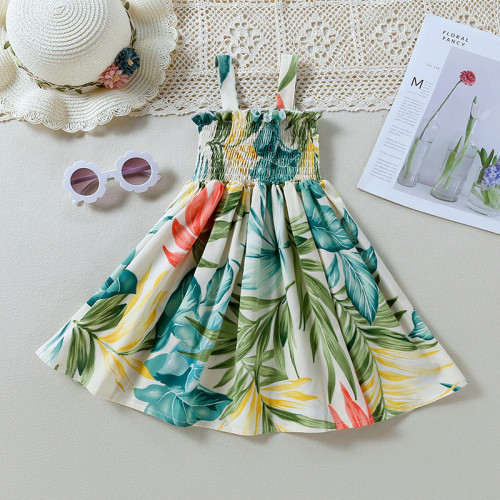 Toddler Kids Girl Palm Print Sling Smocked Mini Dress