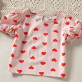 Toddler Kids Girl Two Pieces Heart Print Top and Red Lattice Skirt Set