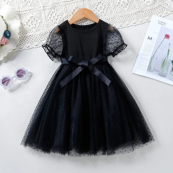 Toddler Kids Girl Short Puff Sleeve Splicing Mesh Dress