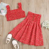 Toddler Kids Girl Two Pieces Smocked Sling Top and A-Line Polka Dots Dress Set