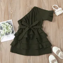 Toddler Kids Girl One-Shoulder Lonf Sleeve ow Tie Belt Lace Casual Dress