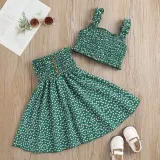 Toddler Kids Girl Two Pieces Smocked Sling Top and A-Line Polka Dots Dress Set