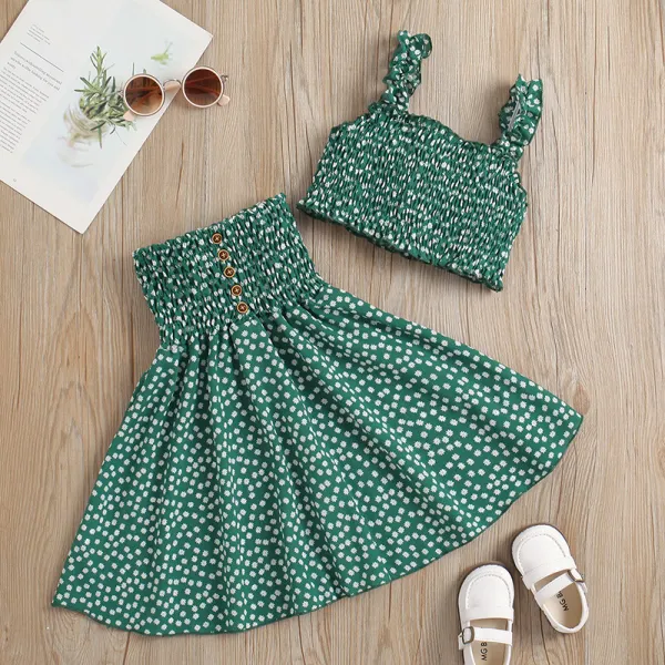 Toddler Kids Girl Two Pieces Smocked Sling Top and A-Line Polka Dots Dress Set