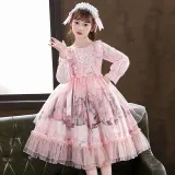 Kids Girl Lolita Pink Long Sleeve Bow Tie Princess A-Line Lace Dress Cosplay Costumes