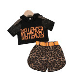 Toddler Kids Girl Two Pieces Black Hollow Out Tops and Leopard Print Shorts Set